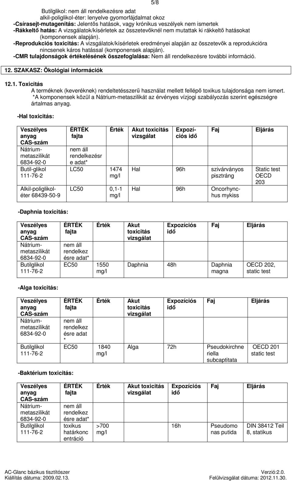 -Reprodukciós toxicitás: A vizsgálatok/kísérletek eredményei alapján az összetevők a reprodukcióra nincsenek káros hatással (komponensek alapján).