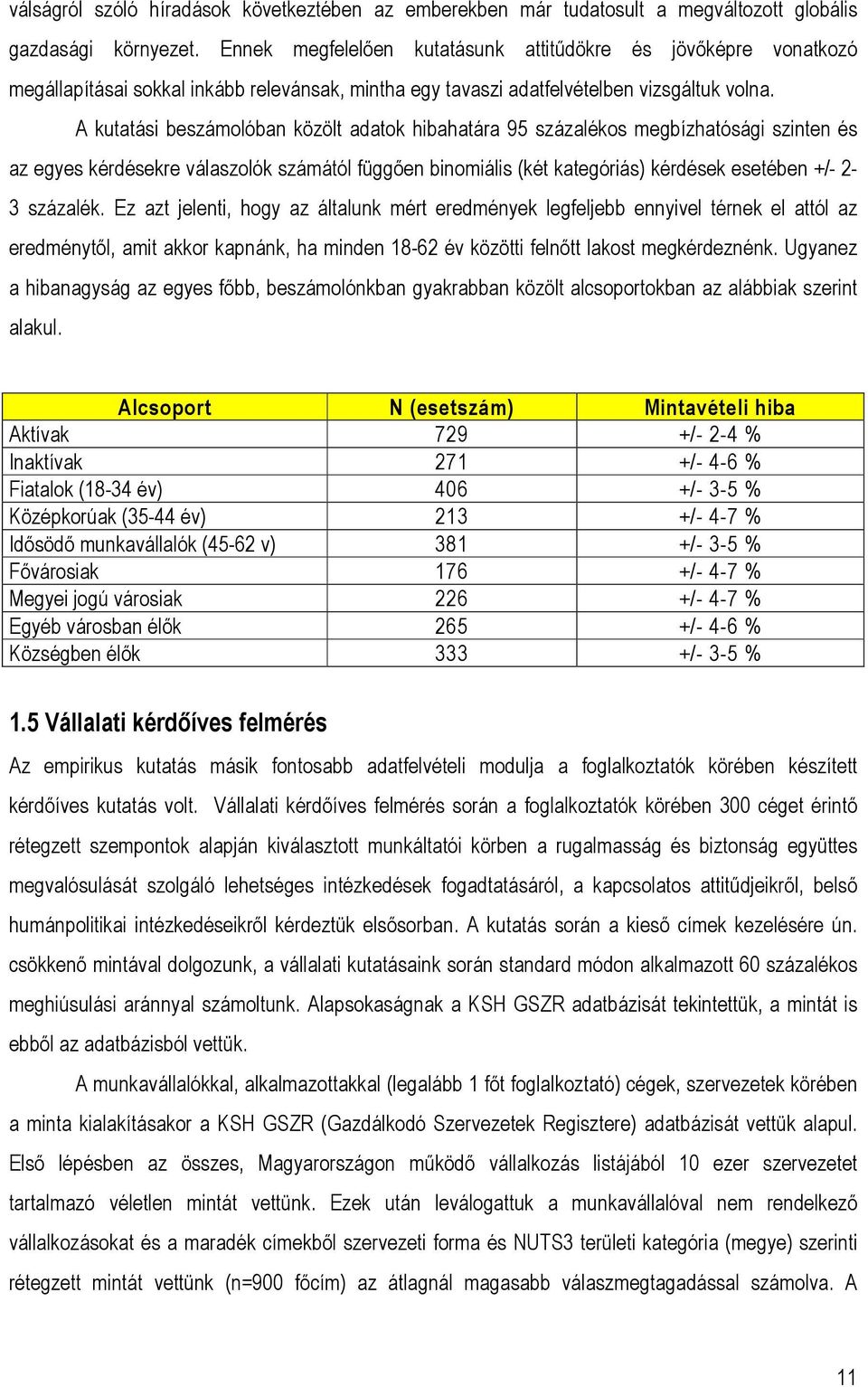 A kutatási beszámolóban közölt adatok hibahatára 95 százalékos megbízhatósági szinten és az egyes kérdésekre válaszolók számától függően binomiális (két kategóriás) kérdések esetében +/- 2-3 százalék.