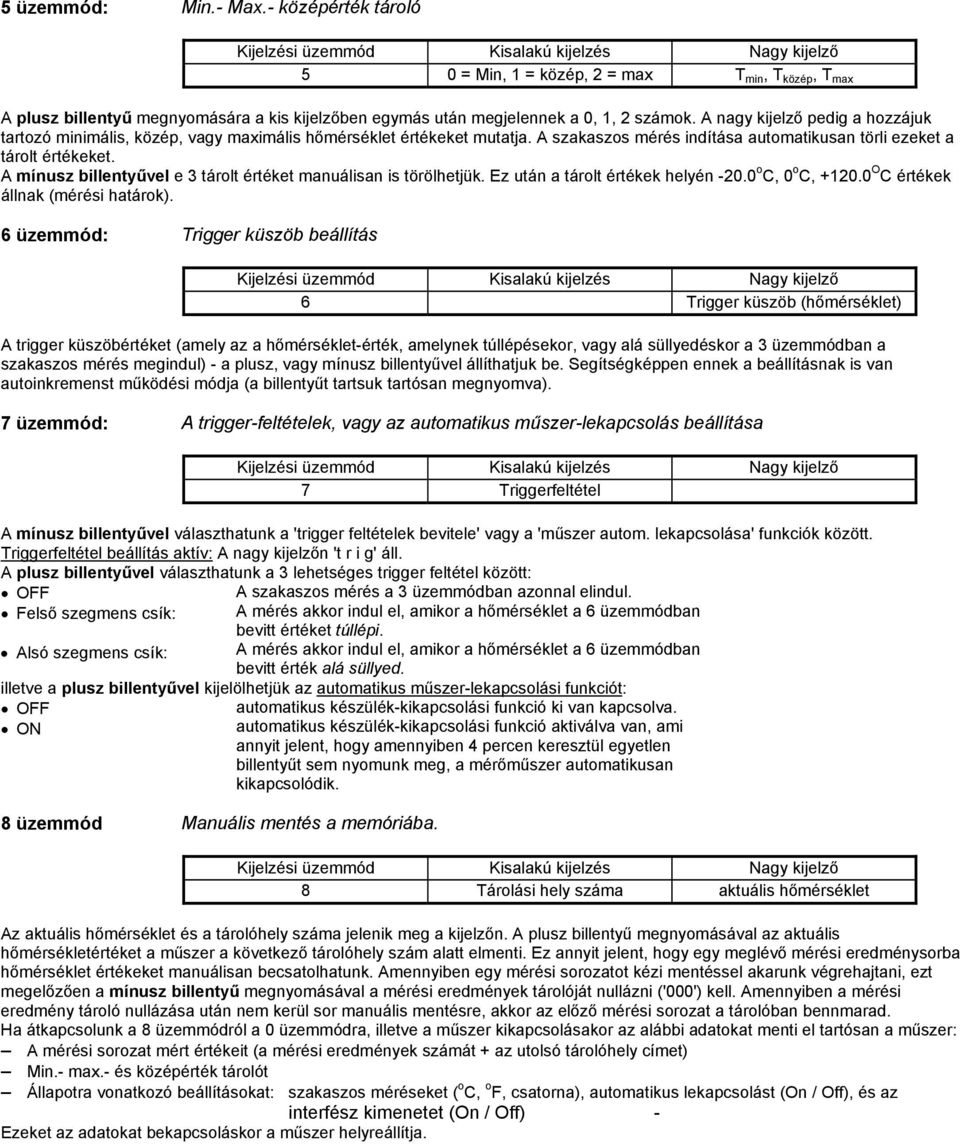 A mínusz billentyűvel e 3 tárolt értéket manuálisan is törölhetjük. Ez után a tárolt értékek helyén -20.0 o C, 0 o C, +120.0 O C értékek állnak (mérési határok).