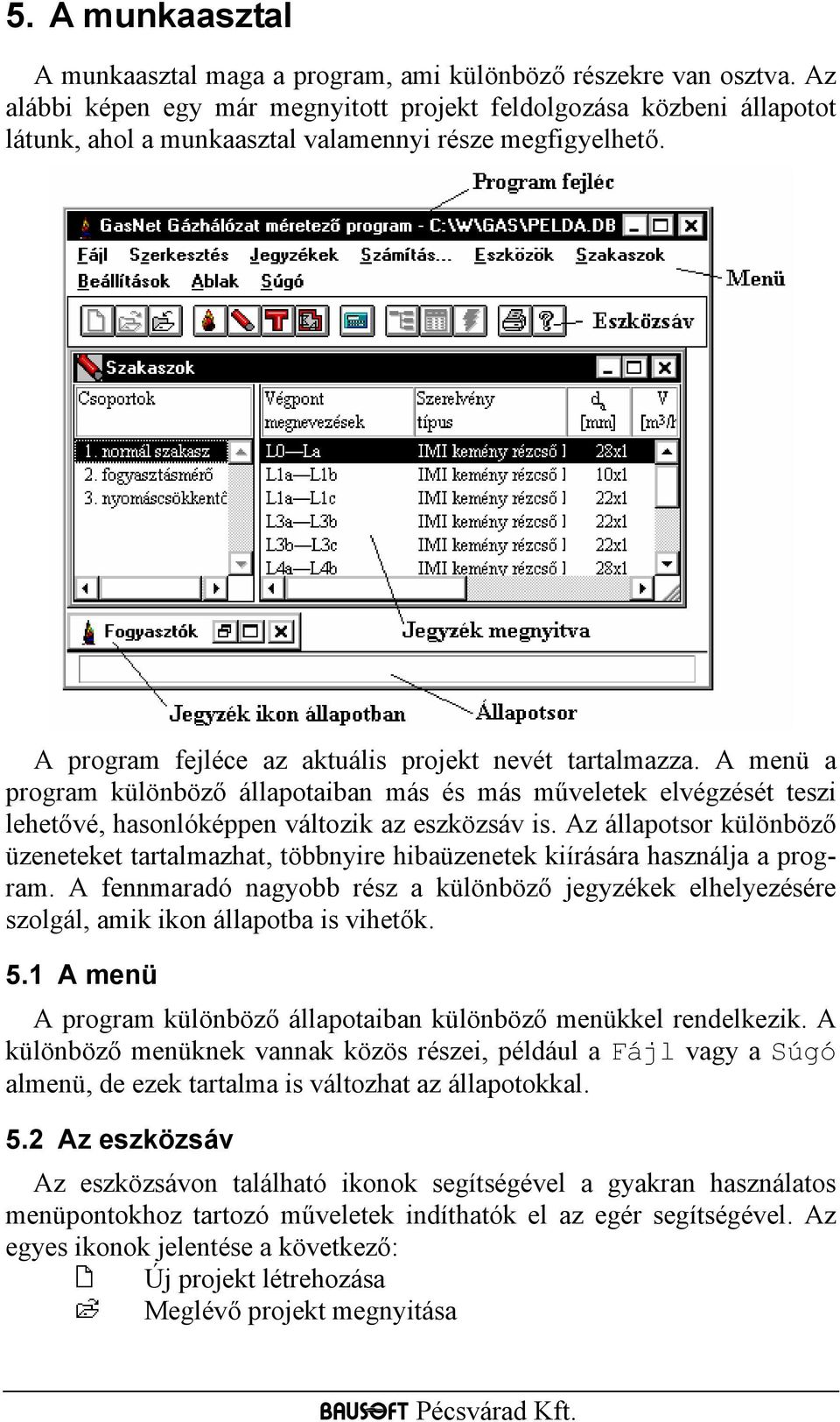 A menü a program különböző állapotaiban más és más műveletek elvégzését teszi lehetővé, hasonlóképpen változik az eszközsáv is.