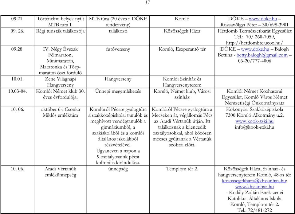 Zene Világnapi Hangverseny 10.03-04. Komlói Német klub 30. éves évfordulója. 10. 06. október 6-i Csonka Miklós emléktúra 10. 06. Aradi Vértanúk emlékünnepség futóverseny Komló, Eszperantó tér DÖKE www.