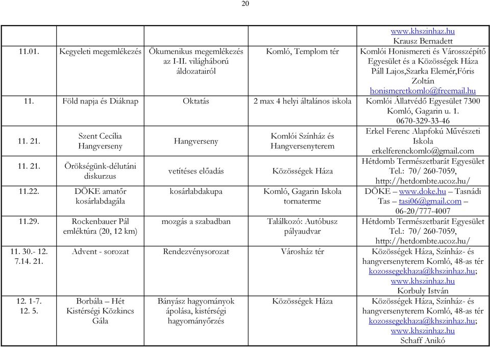 Föld napja és Diáknap Oktatás 2 max 4 helyi általános iskola Komlói Állatvédő Egyesület 7300 Komló, Gagarin u. 1. 0670-329-33-46 11. 21. Szent Cecília Hangverseny 11. 21. Örökségünk-délutáni diskurzus 11.