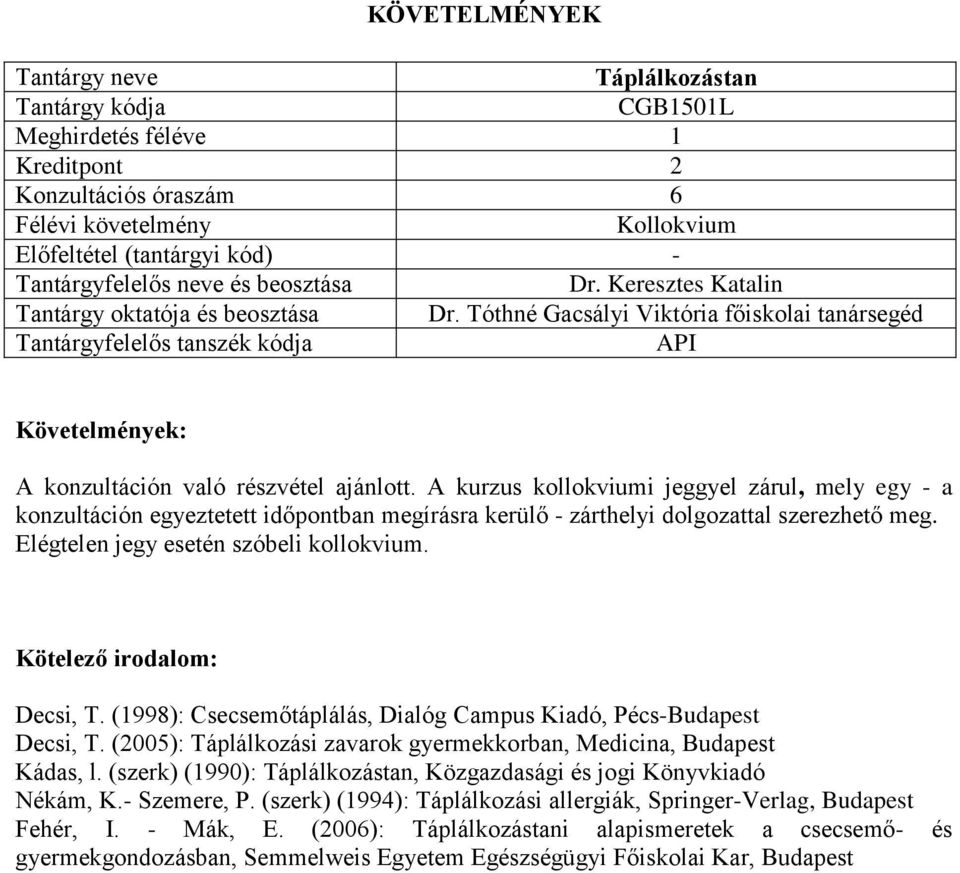 (1998): Csecsemőtáplálás, Dialóg Campus Kiadó, Pécs-Budapest Decsi, T. (2005): Táplálkozási zavarok gyermekkorban, Medicina, Budapest Kádas, l.