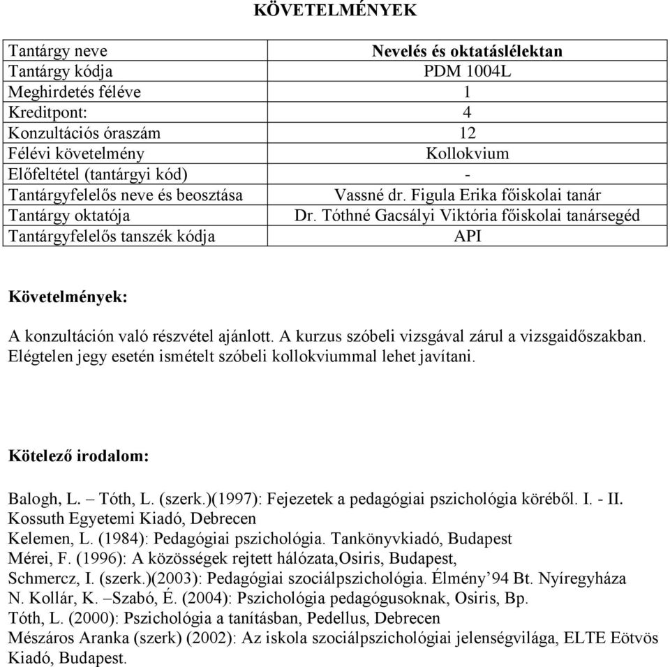 Elégtelen jegy esetén ismételt szóbeli kollokviummal lehet javítani. Balogh, L. Tóth, L. (szerk.)(1997): Fejezetek a pedagógiai pszichológia köréből. I. - II.