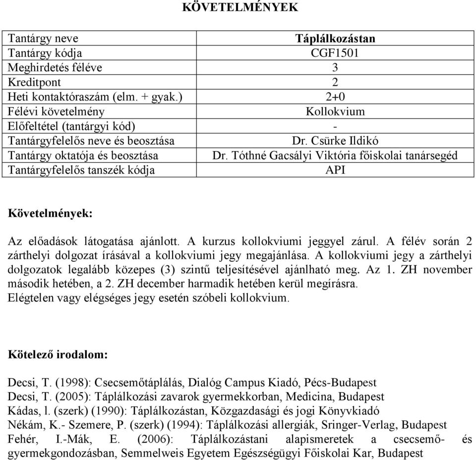 ZH november második hetében, a 2. ZH december harmadik hetében kerül megírásra. Elégtelen vagy elégséges jegy esetén szóbeli kollokvium. Decsi, T.