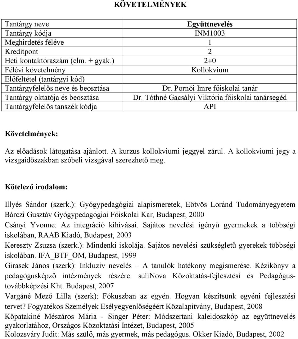 ): Gyógypedagógiai alapismeretek, Eötvös Loránd Tudományegyetem Bárczi Gusztáv Gyógypedagógiai Főiskolai Kar, Budapest, 2000 Csányi Yvonne: Az integráció kihívásai.