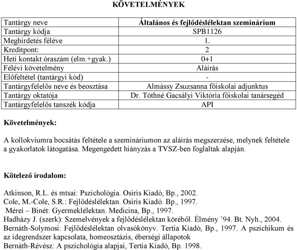 Megengedett hiányzás a TVSZ-ben foglaltak alapján. Atkinson, R.L. és mtsai: Pszichológia. Osiris Kiadó, Bp., 2002. Cole, M.-Cole, S.R.: Fejlődéslélektan. Osiris Kiadó. Bp., 1997.