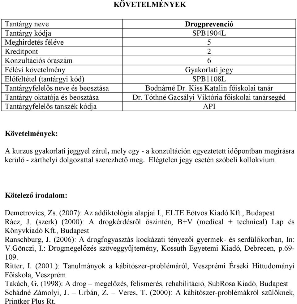 Elégtelen jegy esetén szóbeli kollokvium. Demetrovics, Zs. (2007): Az addiktológia alapjai I., ELTE Eötvös Kiadó Kft., Budapest Rácz, J.