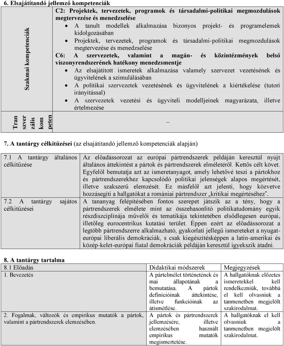 kidolgozásábn Projektek, tervezetek, progrmok és társdlmi-politiki megmozdulások megtervezése és menedzselése C6: A szervezetek, vlmint mgán- és közintézmények belső viszonyrendszerének htékony