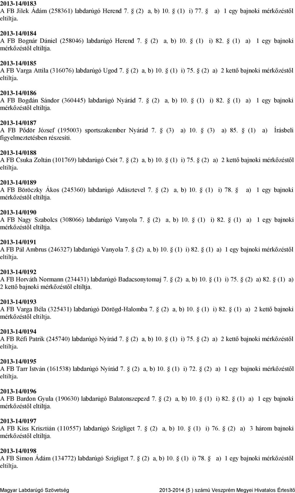 (2) a, b) 10. (1) i) 82. (1) a) 1 egy bajnoki 2013-14/0187 A FB Pődör József (195003) sportszakember Nyárád 7. (3) a) 10. (3) a) 85.