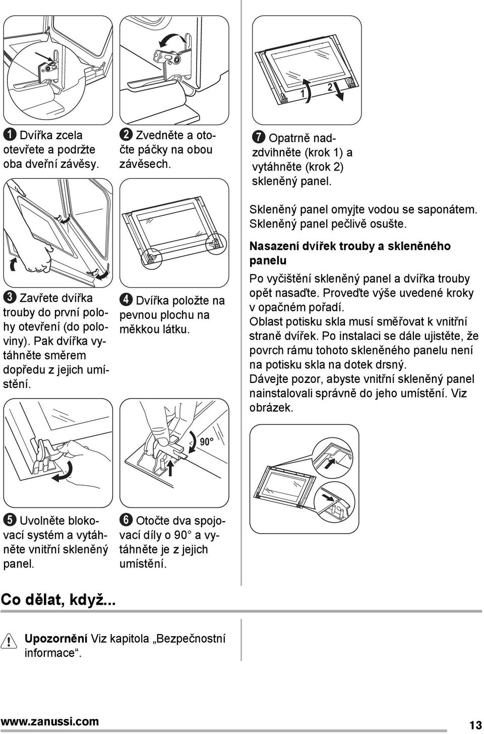 4 Dvířka položte na pevnou plochu na měkkou látku. Nasazení dvířek trouby a skleněného panelu Po vyčištění skleněný panel a dvířka trouby opět nasaďte. Proveďte výše uvedené kroky v opačném pořadí.