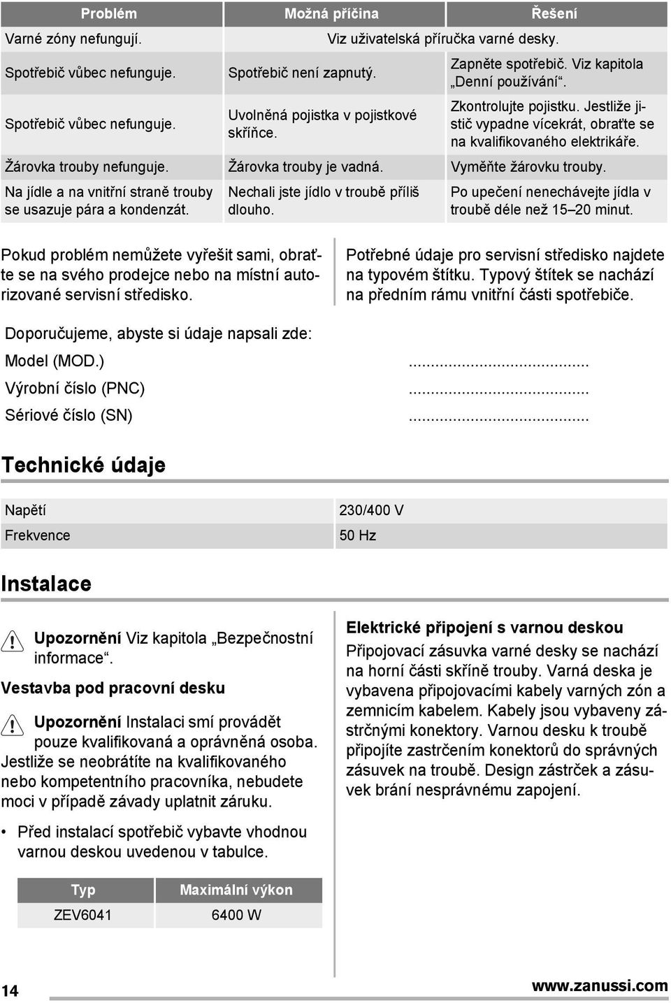 Žárovka trouby nefunguje. Žárovka trouby je vadná. Vyměňte žárovku trouby. Na jídle a na vnitřní straně trouby se usazuje pára a kondenzát. Nechali jste jídlo v troubě příliš dlouho.