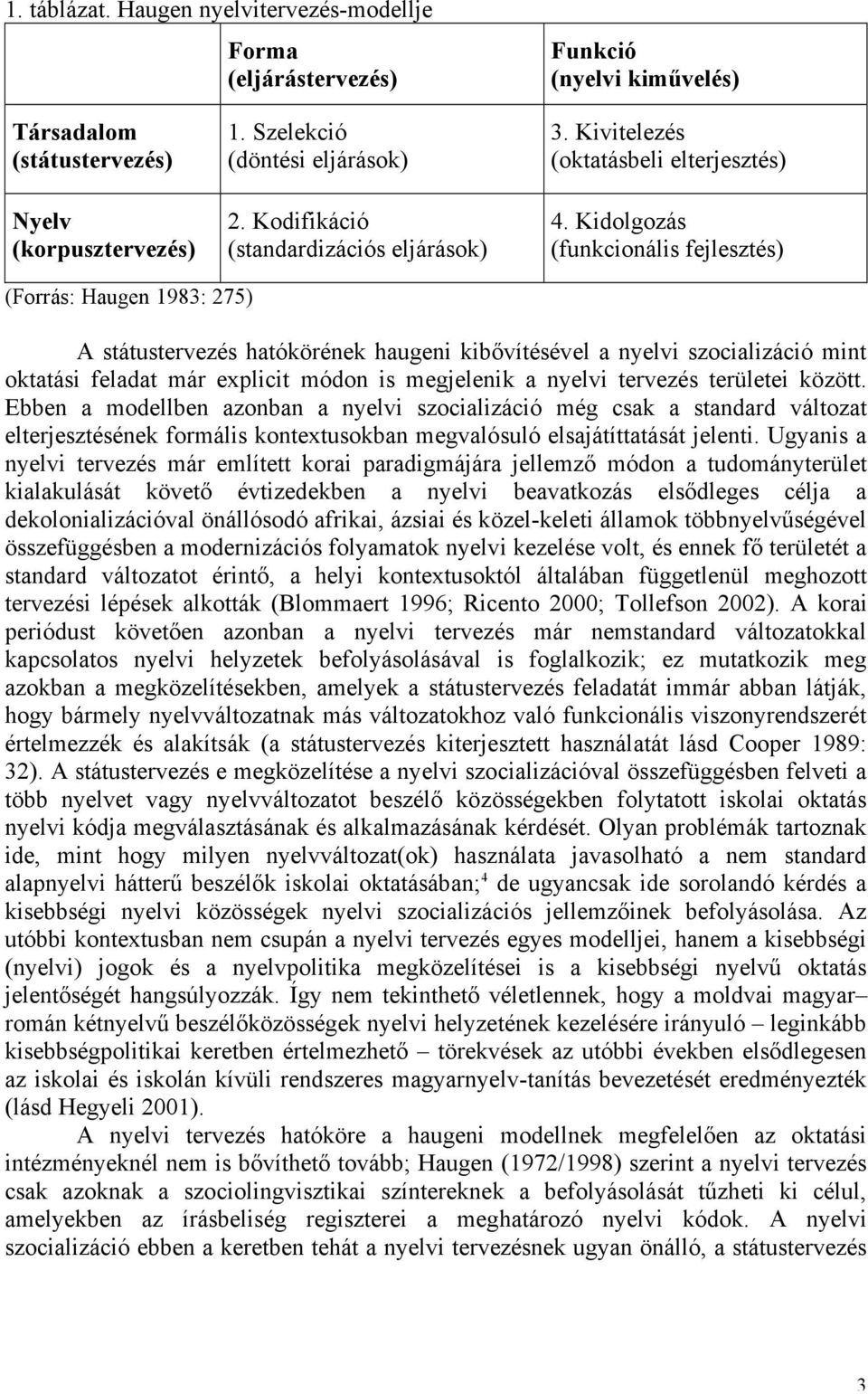 Kidolgozás (funkcionális fejlesztés) (Forrás: Haugen 1983: 275) A státustervezés hatókörének haugeni kibővítésével a nyelvi szocializáció mint oktatási feladat már explicit módon is megjelenik a