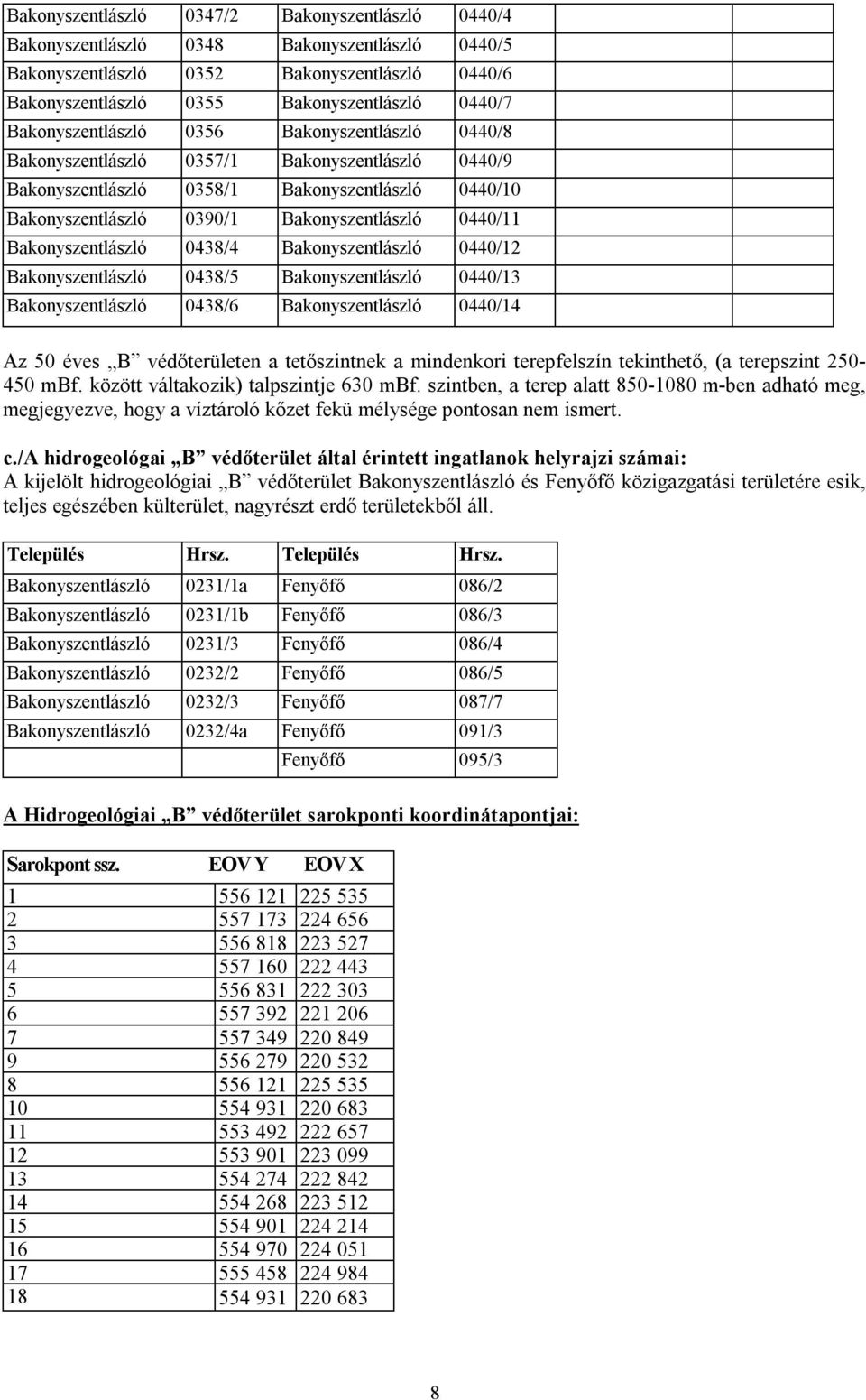 Bakonyszentlászló 0438/4 Bakonyszentlászló 0440/12 Bakonyszentlászló 0438/5 Bakonyszentlászló 0440/13 Bakonyszentlászló 0438/6 Bakonyszentlászló 0440/14 Az 50 éves B védőterületen a tetőszintnek a