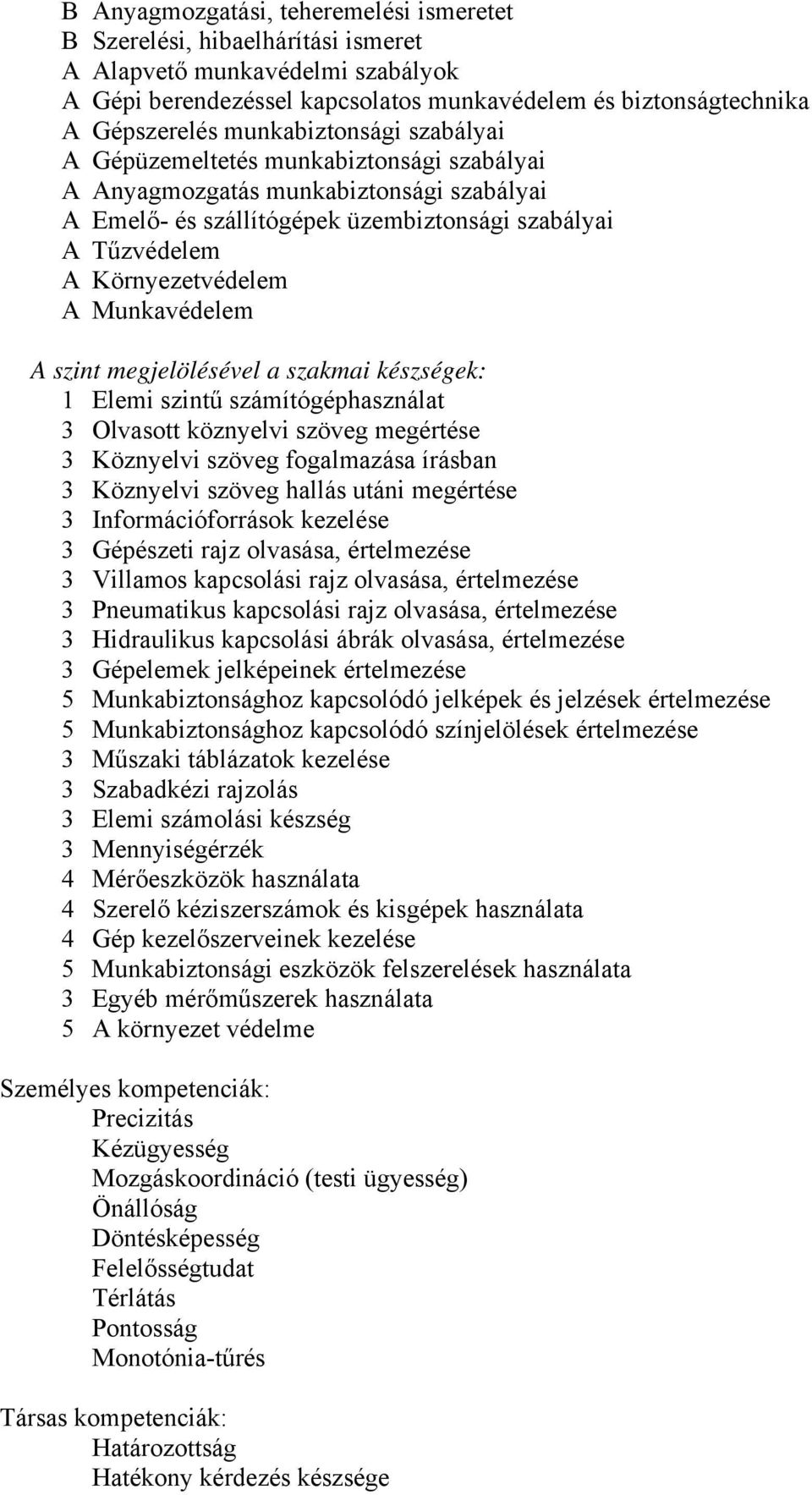 Munkavédelem A szint megjelölésével a szakmai készségek: 1 Elemi szintű számítógéphasználat 3 Olvasott köznyelvi szöveg megértése 3 Köznyelvi szöveg fogalmazása írásban 3 Köznyelvi szöveg hallás