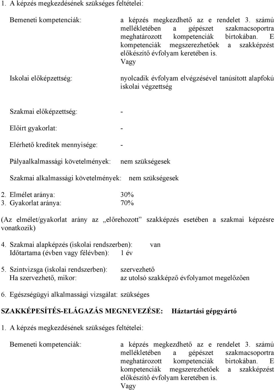 Vagy nyolcadik évfolyam elvégzésével tanúsított alapfokú iskolai végzettség Szakmai előképzettség: - Előírt gyakorlat: - Elérhető kreditek mennyisége: - Pályaalkalmassági követelmények: nem