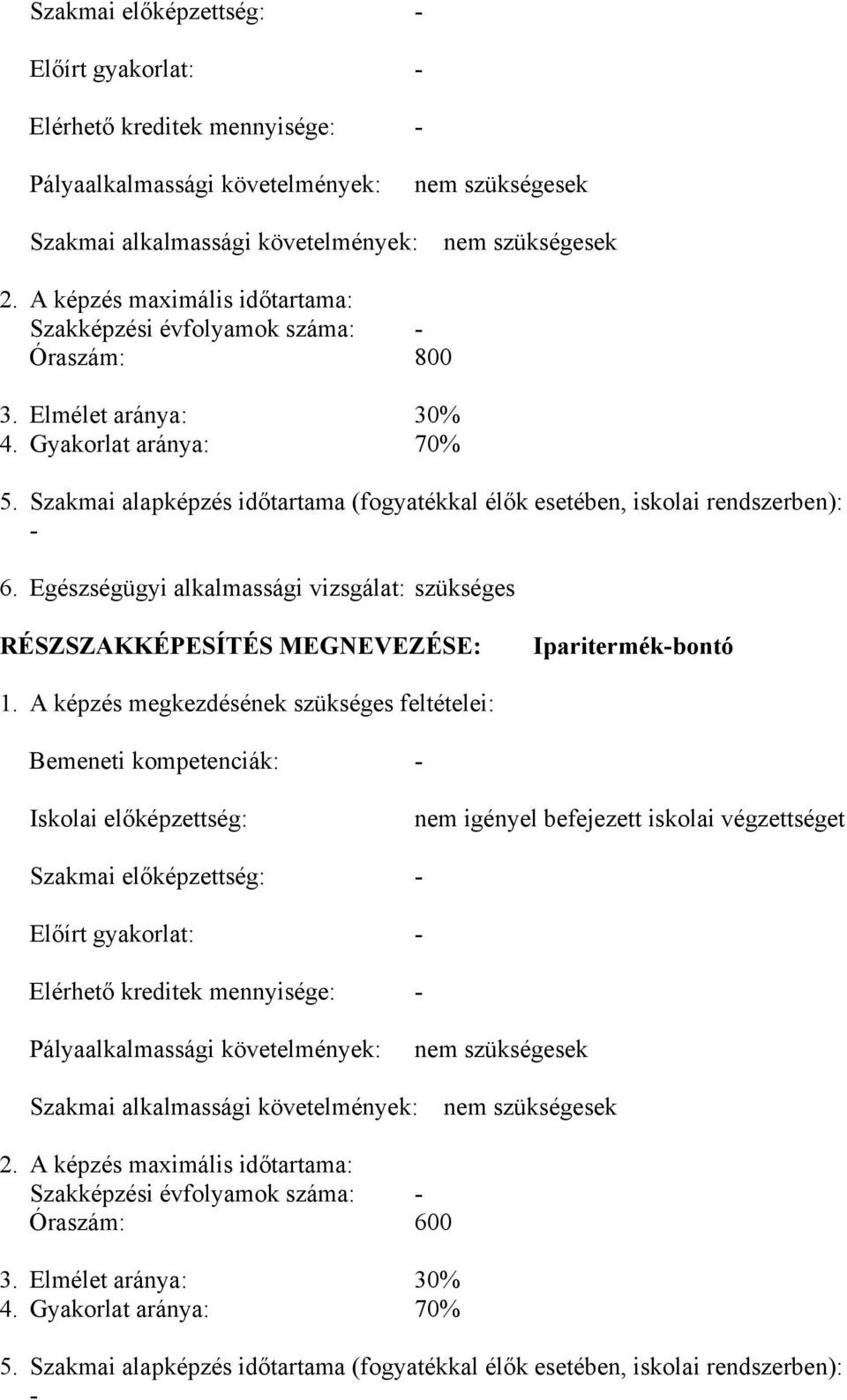 Szakmai alapképzés időtartama (fogyatékkal élők esetében, iskolai rendszerben): - 6. Egészségügyi alkalmassági vizsgálat: szükséges RÉSZSZAKKÉPESÍTÉS MEGNEVEZÉSE: Iparitermék-bontó 1.