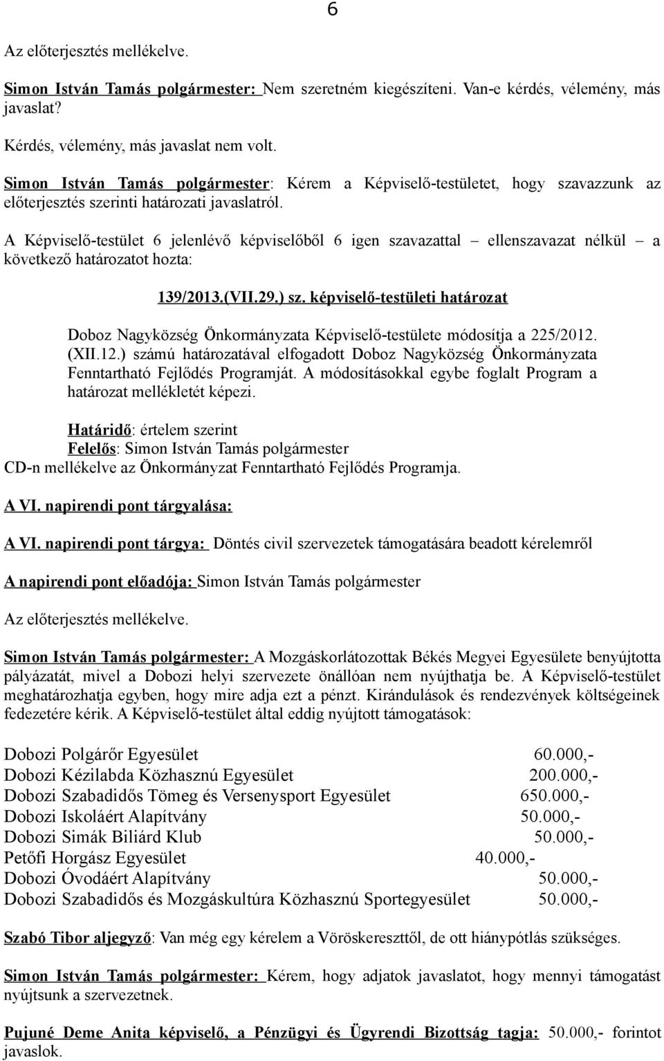 képviselő-testületi határozat Doboz Nagyközség Önkormányzata Képviselő-testülete módosítja a 225/2012. (XII.12.) számú határozatával elfogadott Doboz Nagyközség Önkormányzata Fenntartható Fejlődés Programját.