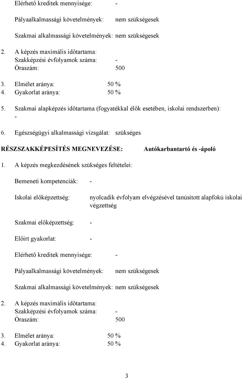 Szakmai alapképzés időtartama (fogyatékkal élők esetében, iskolai rendszerben): 6. Egészségügyi alkalmassági vizsgálat: szükséges RÉSZSZAKKÉPESÍTÉS MEGNEVEZÉSE: Autókarbantartó és ápoló 1.