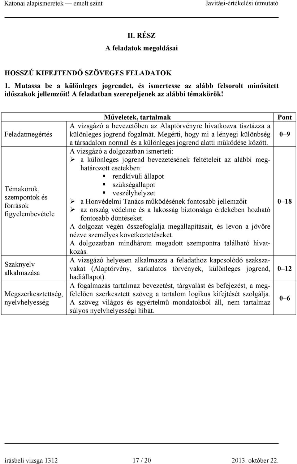 Feladatmegértés Témakörök, szempontok és források figyelembevétele Szaknyelv alkalmazása Megszerkesztettség, nyelvhelyesség Műveletek, tartalmak A vizsgázó a bevezetőben az Alaptörvényre hivatkozva