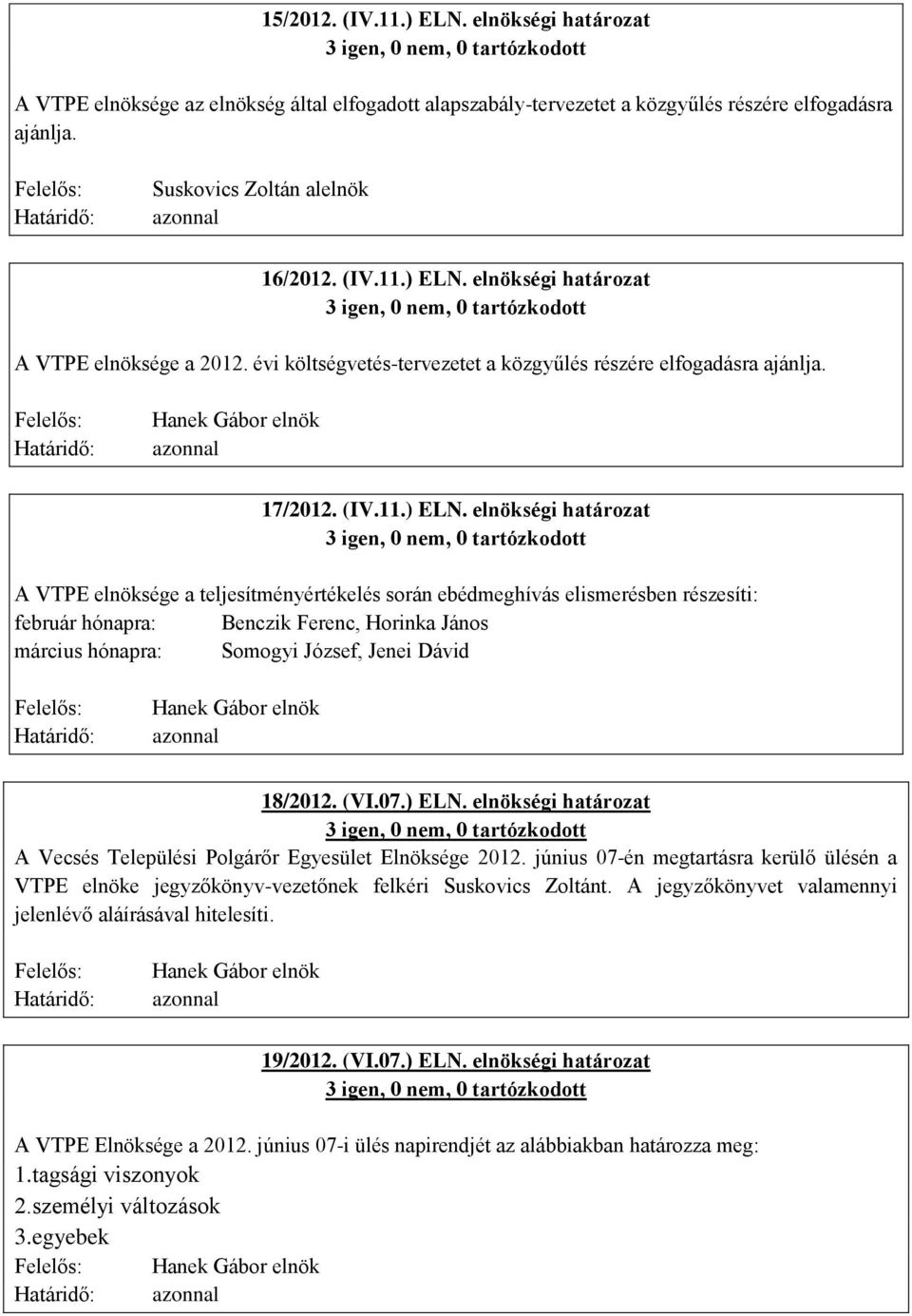 elnökségi határozat A VTPE elnöksége a teljesítményértékelés során ebédmeghívás elismerésben részesíti: február hónapra: Benczik Ferenc, Horinka János március hónapra: Somogyi József, Jenei Dávid