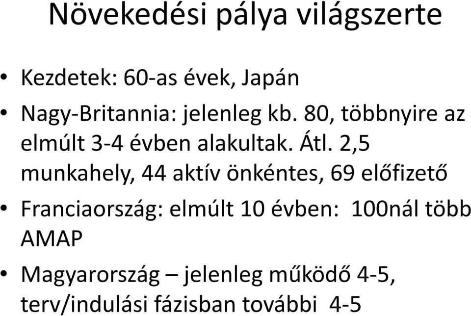 2,5 munkahely, 44 aktív önkéntes, 69 előfizető Franciaország: elmúlt 10