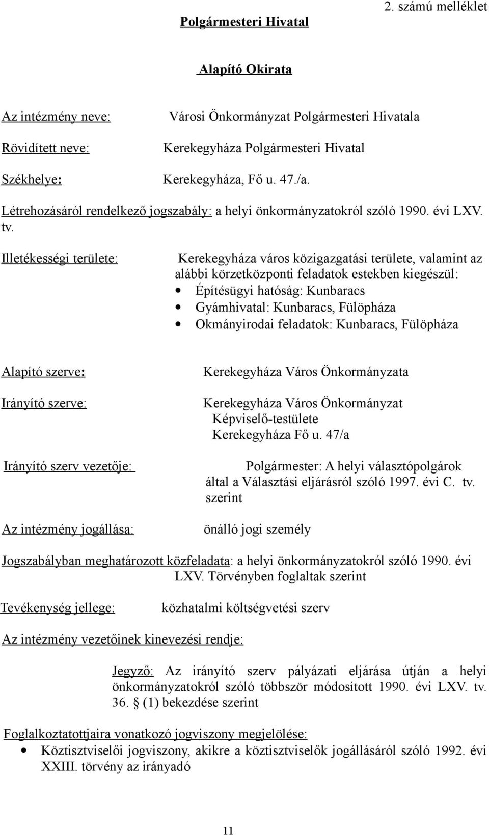 Létrehozásáról rendelkező jogszabály: a helyi önkormányzatokról szóló 1990. évi LXV. tv.