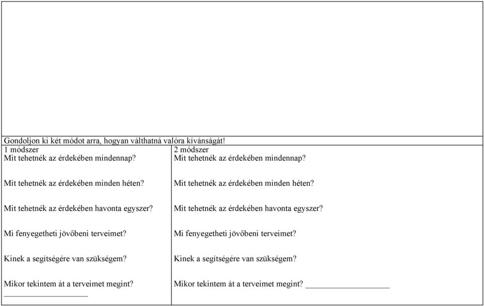 Mit tehetnék az érdekében havonta egyszer? Mi fenyegetheti jövőbeni terveimet? Mi fenyegetheti jövőbeni terveimet? Kinek a segítségére van szükségem?