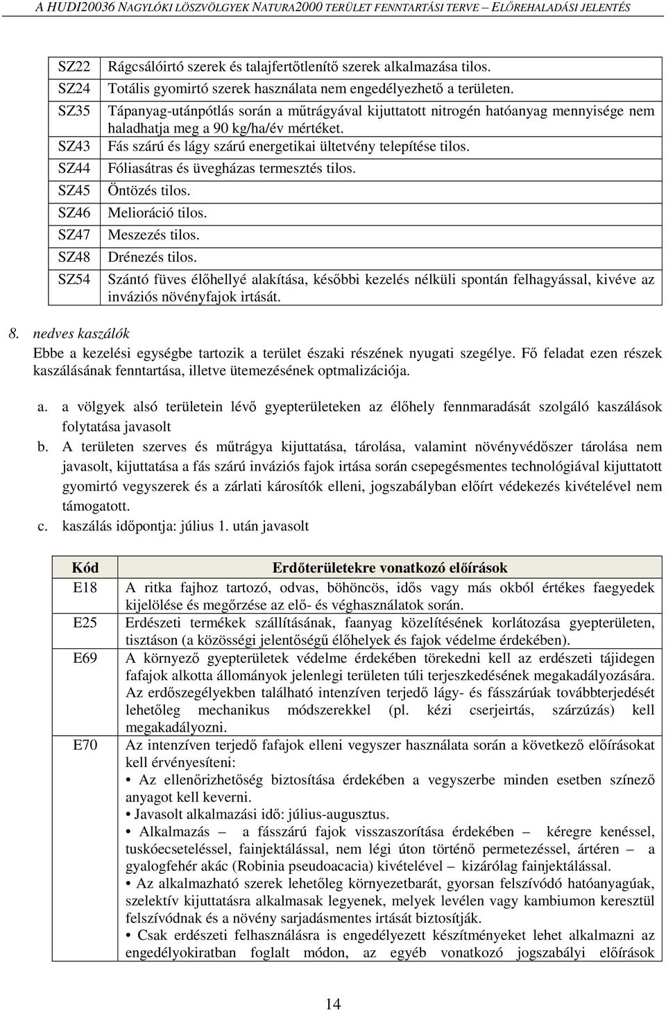 Tápanyag-utánpótlás során a műtrágyával kijuttatott nitrogén hatóanyag mennyisége nem haladhatja meg a 90 kg/ha/év mértéket. Fás szárú és lágy szárú energetikai ültetvény telepítése tilos.