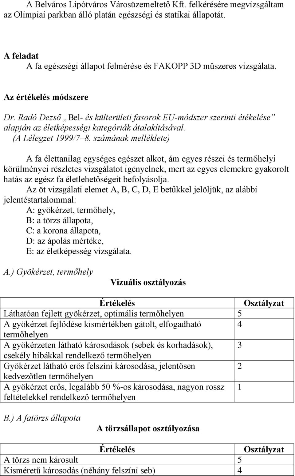 Radó Dezső Bel- és külterületi fasorok EU-módszer szerinti étékelése alapján az életképességi kategóriák átalakításával. (A Lélegzet 1999/7 8.