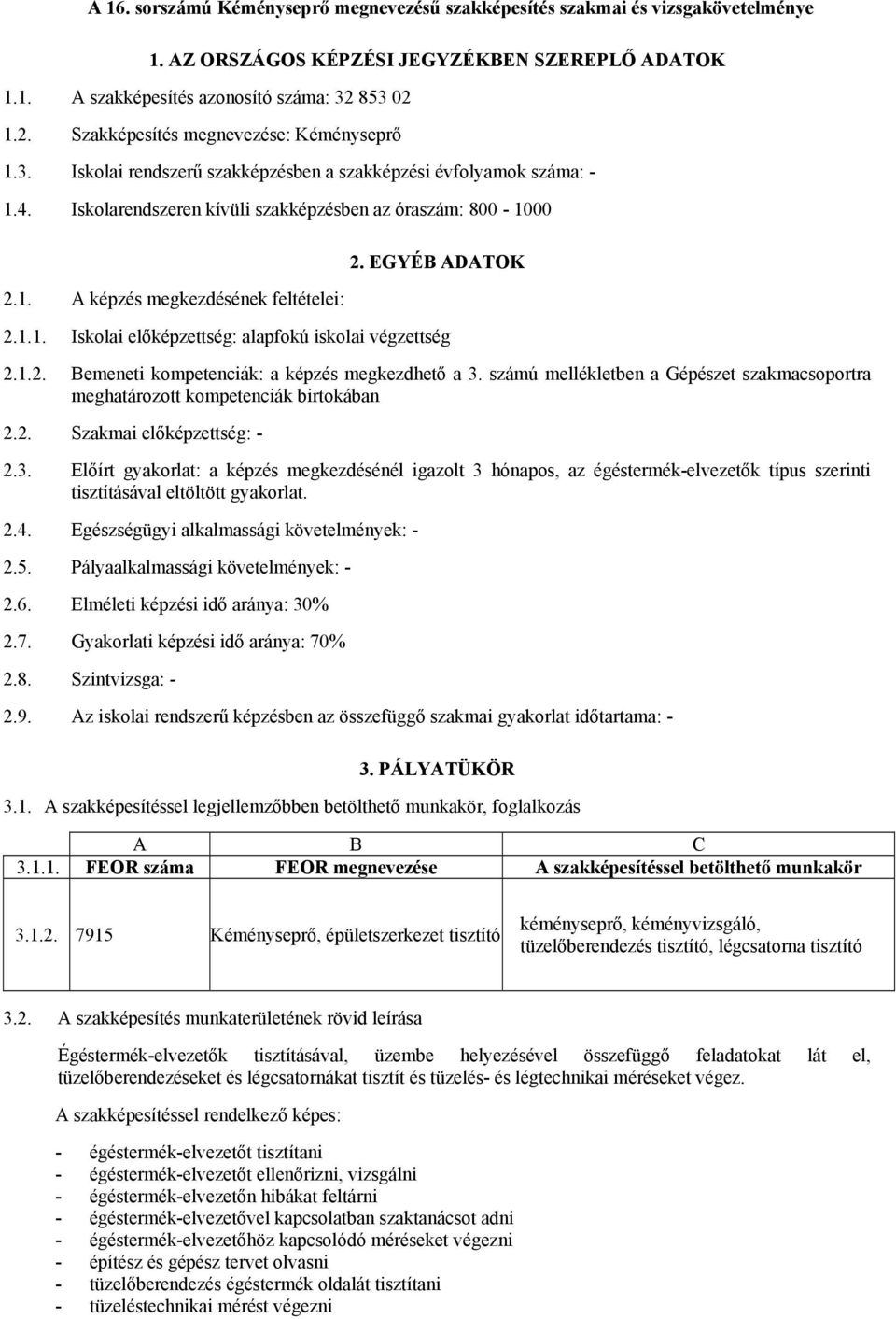 EGYÉB ADATOK 2.1.1. Iskolai előképzettség: alapfokú iskolai végzettség 2.1.2. Bemeneti kompetenciák: a képzés megkezdhető a 3.