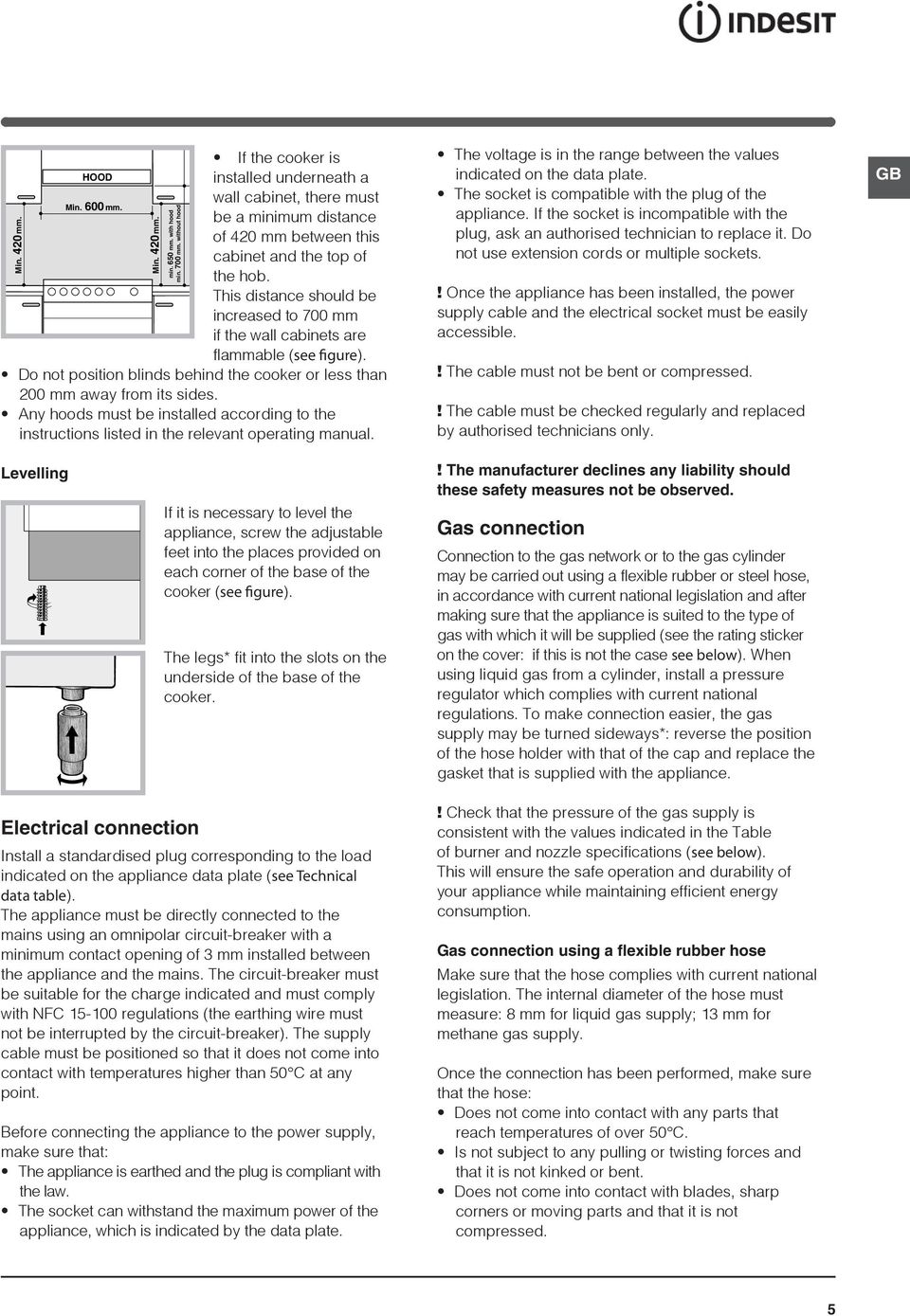 This distance should be increased to 700 mm if the wall cabinets are flammable (see figure). Do not position blinds behind the cooker or less than mm away from its sides.