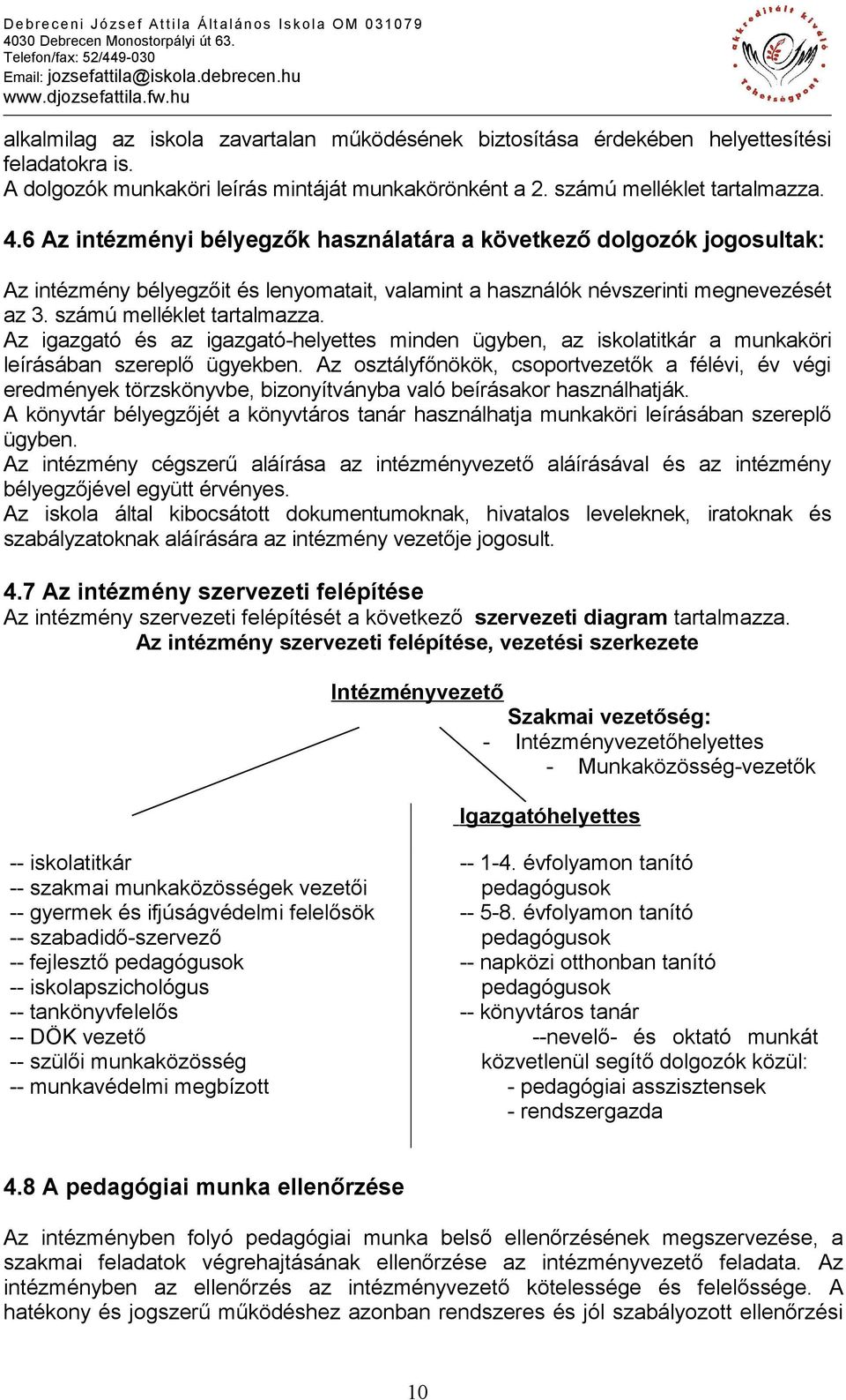 Az igazgató és az igazgató-helyettes minden ügyben, az iskolatitkár a munkaköri leírásában szereplő ügyekben.