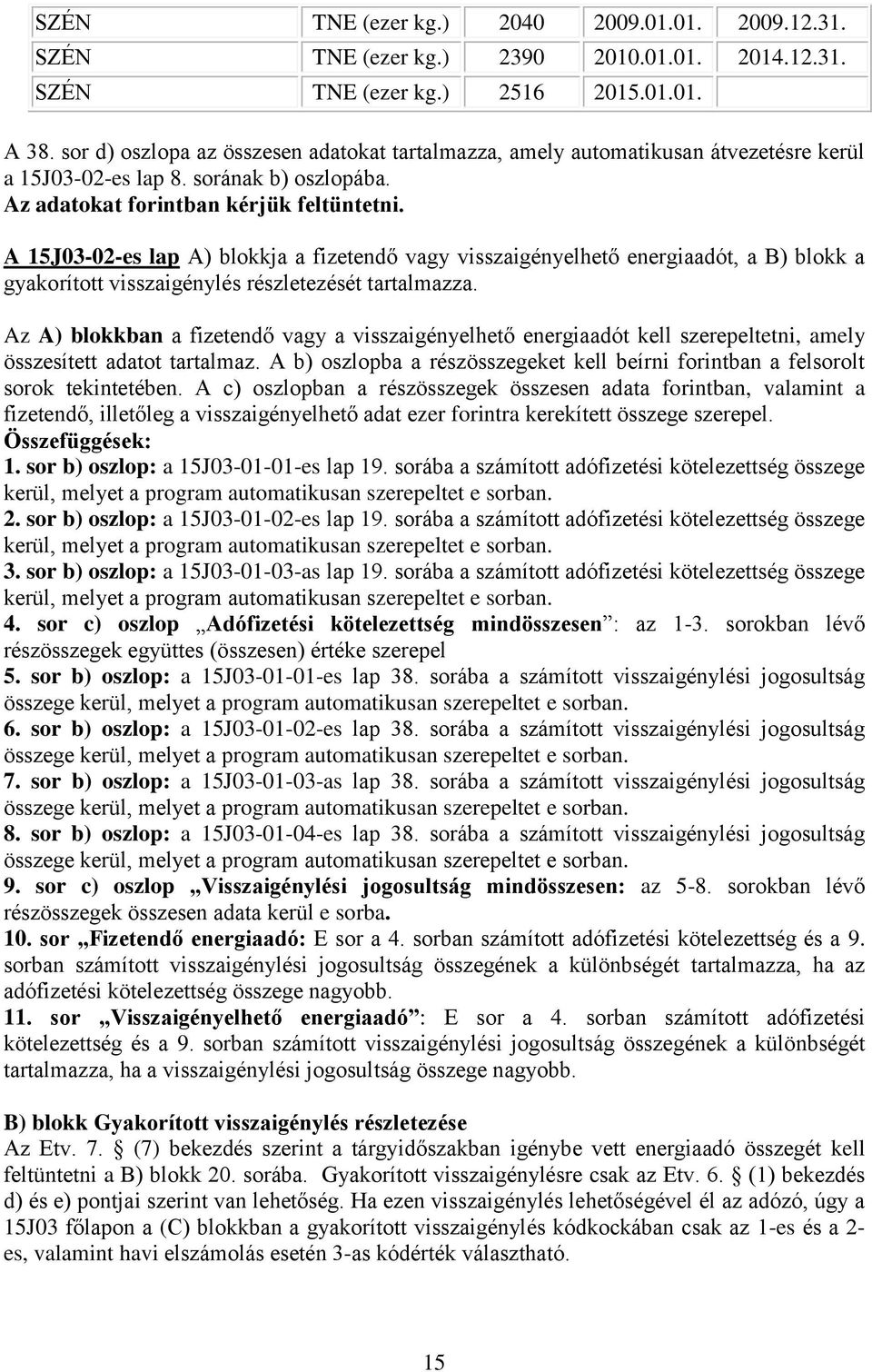 A 15J03-02-es lap A) blokkja a fizetendő vagy visszaigényelhető energiaadót, a B) blokk a gyakorított visszaigénylés részletezését tartalmazza.