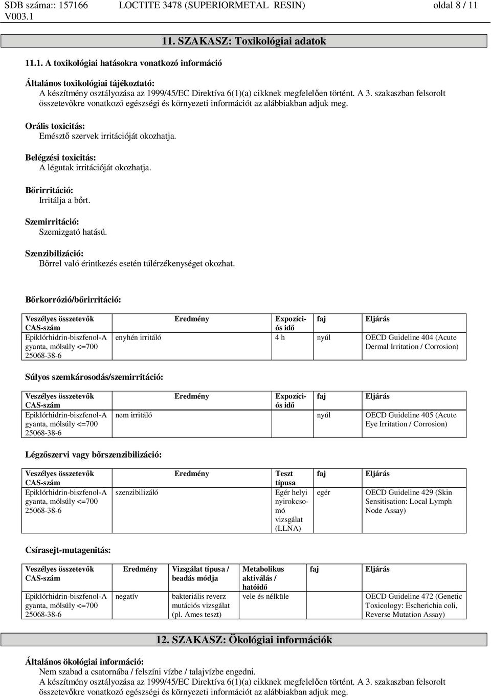 szakaszban felsorolt összetev kre vonatkozó egészségi és környezeti információt az alábbiakban adjuk meg. Orális toxicitás: Emészt szervek irritációját okozhatja.