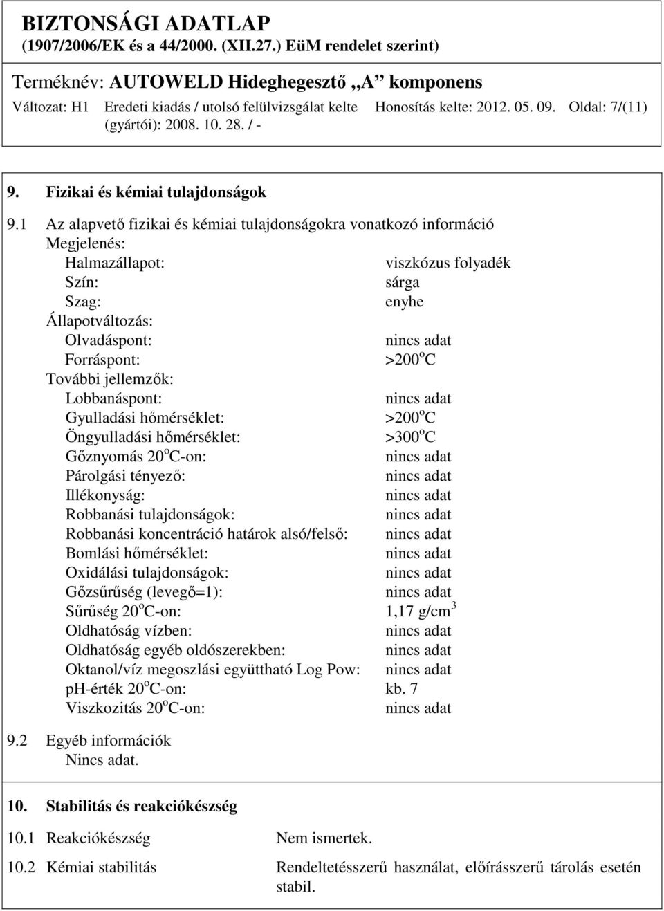 jellemzők: Lobbanáspont: Gyulladási hőmérséklet: >200 o C Öngyulladási hőmérséklet: >300 o C Gőznyomás 20 o C-on: Párolgási tényező: Illékonyság: Robbanási tulajdonságok: Robbanási koncentráció