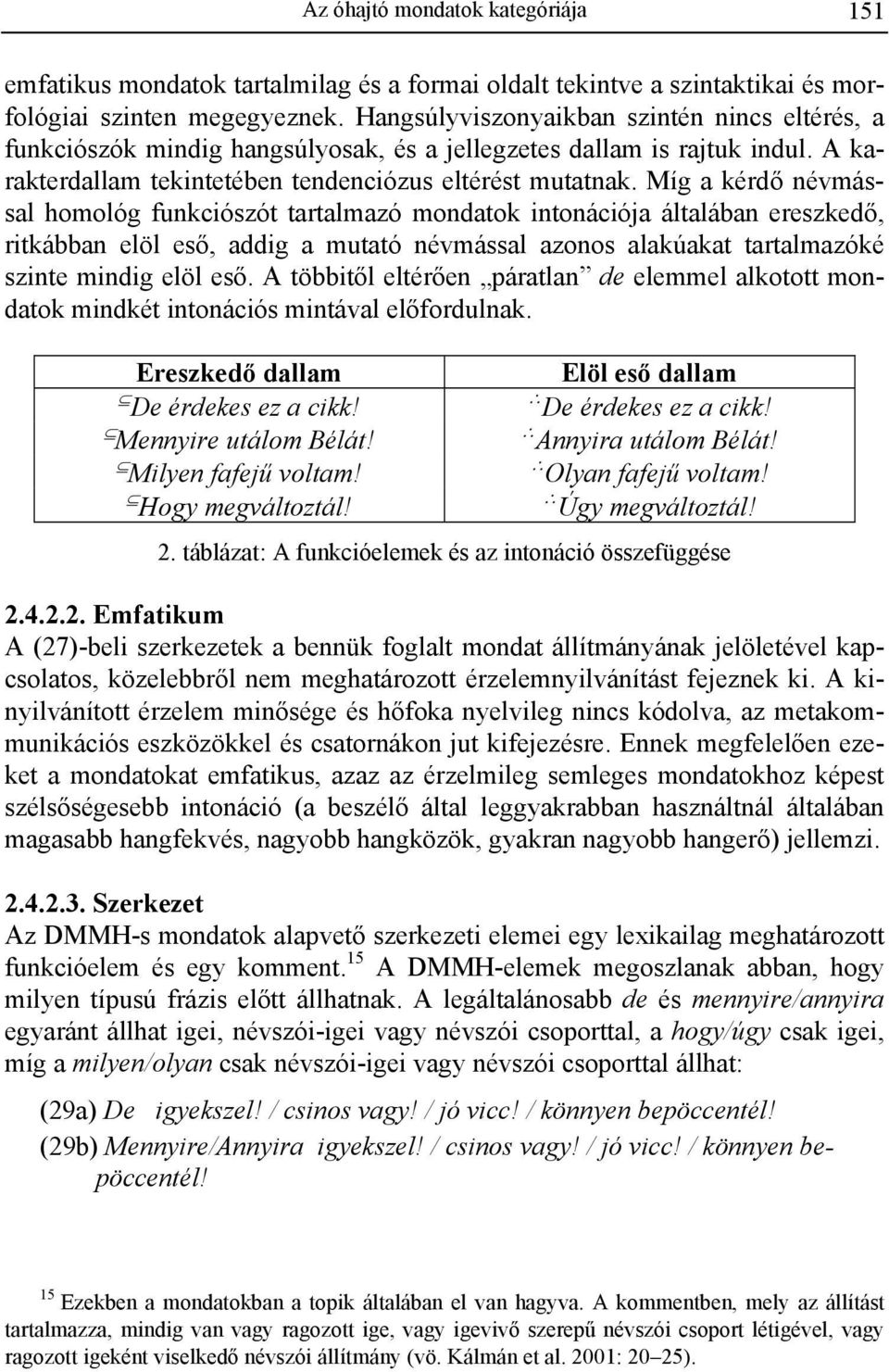 Míg a kérdő névmással homológ funkciószót tartalmazó mondatok intonációja általában ereszkedő, ritkábban elöl eső, addig a mutató névmással azonos alakúakat tartalmazóké szinte mindig elöl eső.