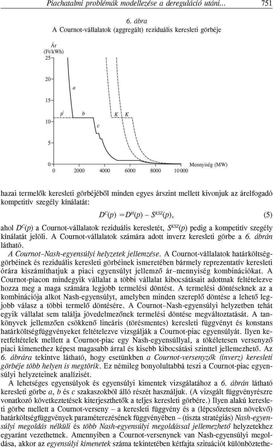 árszint mellett kivonjuk az árelfogadó kompetitív szegély kínálatát: D C (p) =D H (p) S KSZ (p), (5) ahol D C (p) a Cournot-vállalatok reziduális keresletét, S KSZ (p) pedig a kompetitív szegély