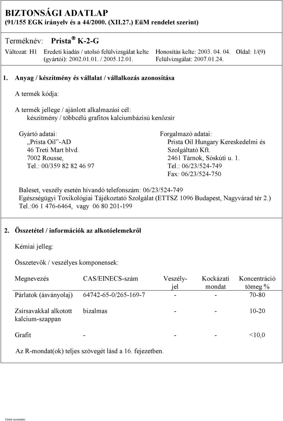 adatai: Prista Oil -AD Prista Oil Hungary Kereskedelmi és 46 Treti Mart blvd. Szolgáltató Kft. 7002 Rousse, 2461 Tárnok, Sóskúti u. 1. Tel.: 00/359 82 82 46 97 Tel.