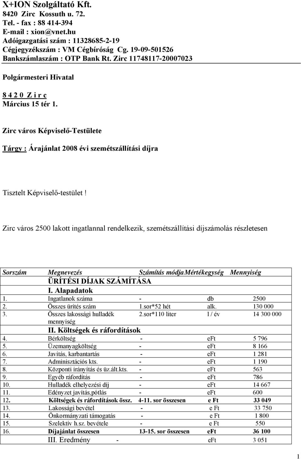 Zirc város Képviselő-Testülete Tárgy : Árajánlat 2008 évi szemétszállítási díjra Tisztelt Képviselő-testület!