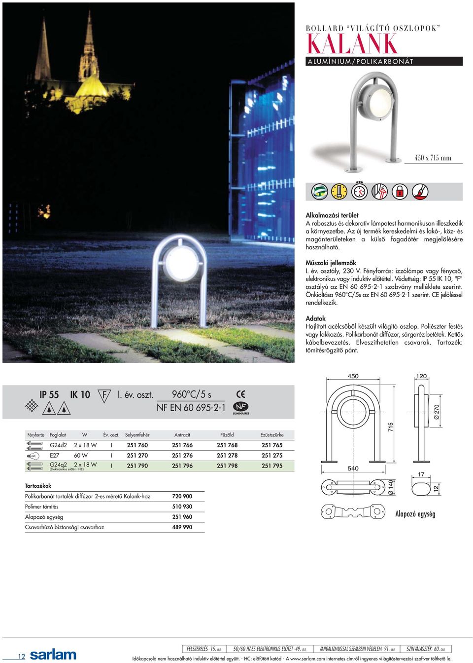 Fényforrás: izzólámpa vagy fénycsõ, elektronikus vagy induktív elõtéttel. Védettség: IP 55 IK 10, "F" osztályú az EN 60 695-2-1 szabvány melléklete szerint.