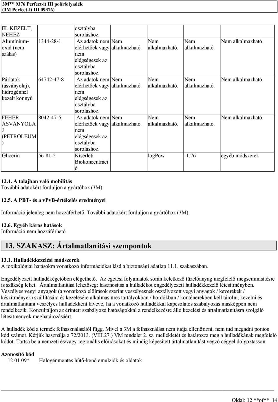 12.5. A PBT- é a vpvb-értékelé eredményei Információ jelenleg hozzáférhető. További adatokért forduljon a gyártóhoz (3M). 12.6. Egyéb káro hatáok Információ hozzáférhető. 13.