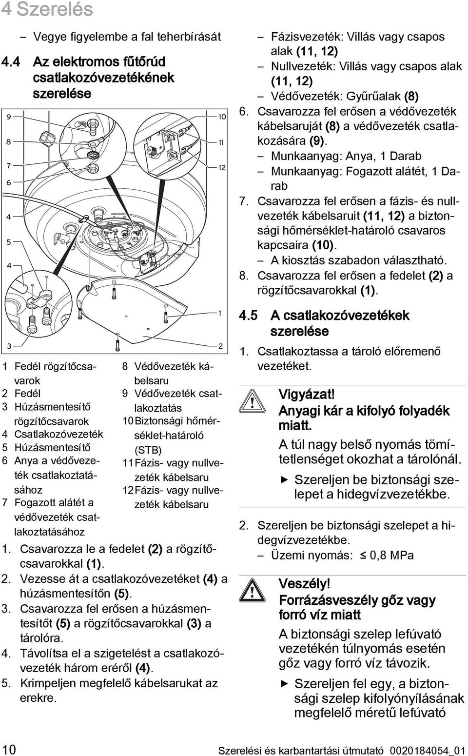 csatlakoztatásához 7 Fogazott alátét a védővezeték csatlakoztatásához 10 11 12 8 Védővezeték kábelsaru 9 Védővezeték csatlakoztatás 10Biztonsági hőmérséklet-határoló (STB) 11Fázis- vagy nullvezeték