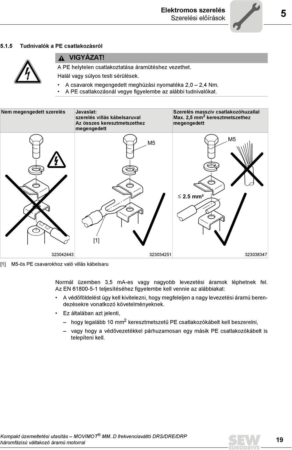 Nem megengedett szerelés Javaslat: szerelés villás kábelsaruval Az összes keresztmetszethez megengedett Szerelés masszív csatlakozóhuzallal Max. 2,5 mm 2 keresztmetszethez megengedett M5 M5 2.