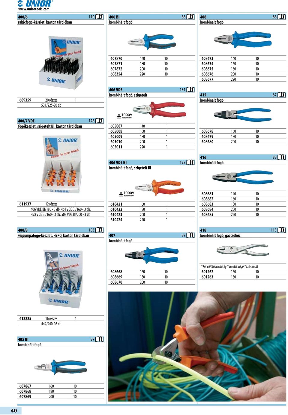 kombinált fogó, szigetelt 608673 140 10 608674 160 10 608675 180 10 608676 200 10 608677 220 10 415 87 kombinált fogó 400/7 VDE 128 fogókészlet, szigetelt BI, karton tárolóban 605007 140 1 605008 160