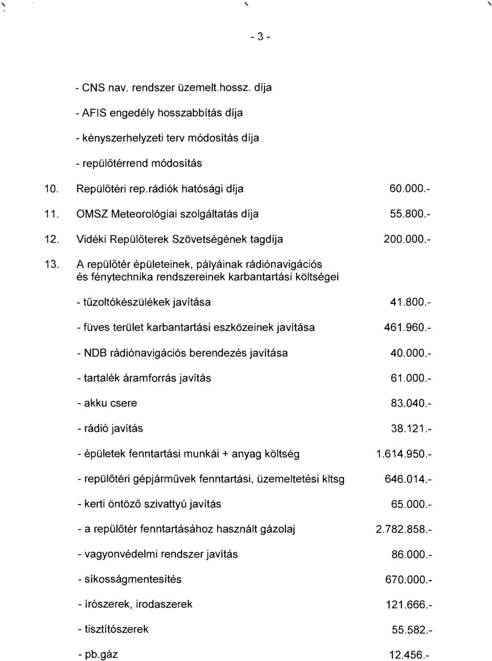 A repülőtér épületenek, pályá nak rádónavgácós és fénytechnka rendszerenek karbantartás költsége - tűzoltókészülékek javítása 41.800. - füves terület karbantartás eszközenek javítása 461.960.