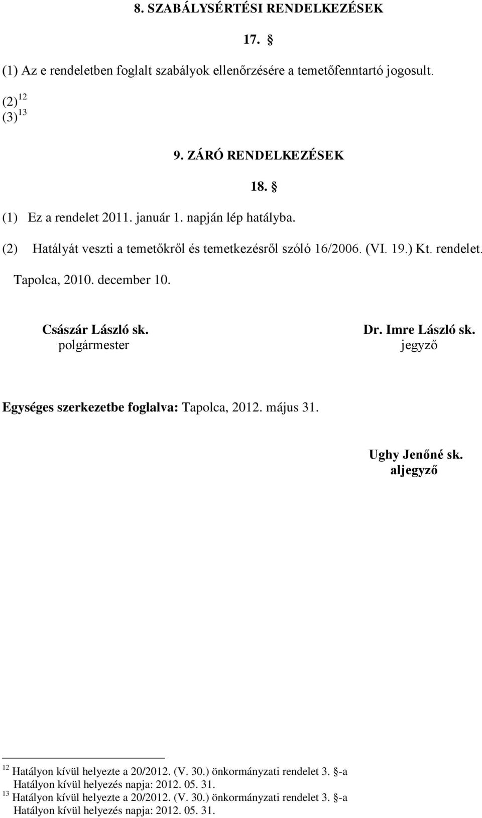 Császár László sk. polgármester Dr. Imre László sk. jegyző Egységes szerkezetbe foglalva: Tapolca, 2012. május 31. Ughy Jenőné sk. aljegyző 12 Hatályon kívül helyezte a 20/2012.