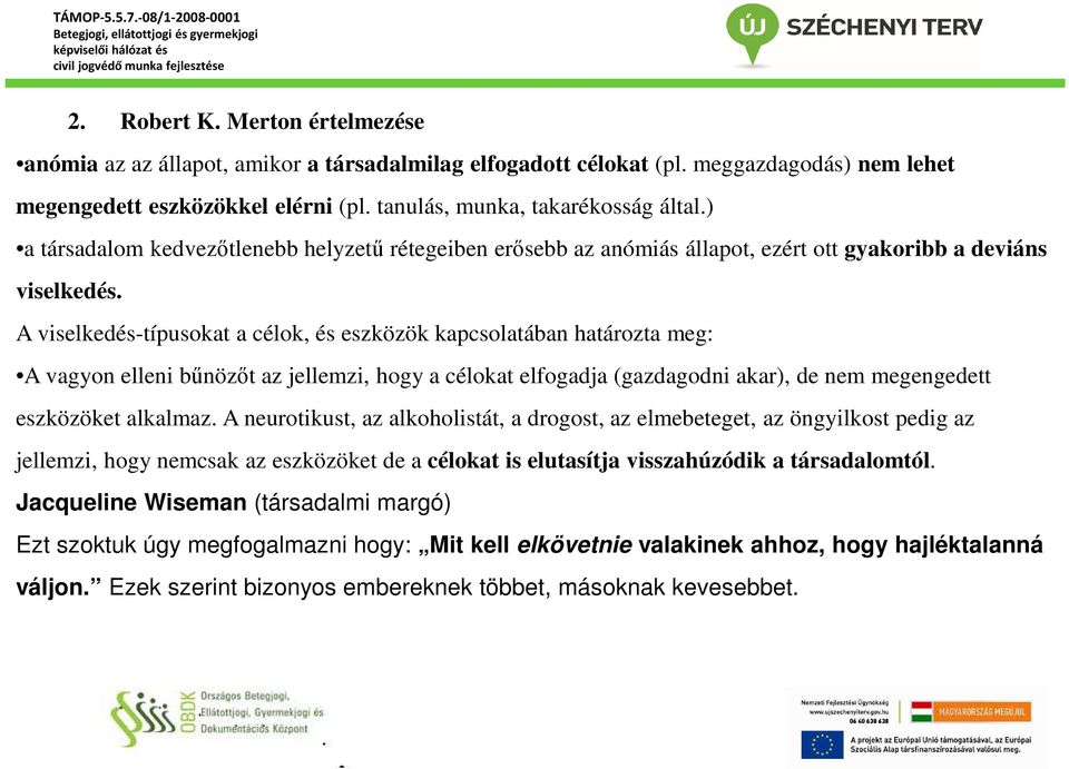 A viselkedés-típusokat a célok, és eszközök kapcsolatában határozta meg: A vagyon elleni bűnözőt az jellemzi, hogy a célokat elfogadja (gazdagodni akar), de nem megengedett eszközöket alkalmaz.