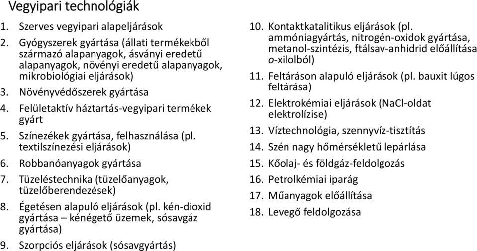 Felületaktív háztartás vegyipari termékek gyárt 5. Színezékek gyártása, felhasználása (pl. textilszínezési eljárások) 6. Robbanóanyagok gyártása 7.