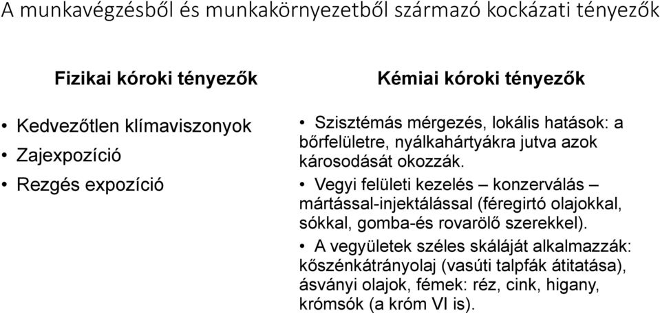 okozzák. Vegyi felületi kezelés konzerválás mártással-injektálással (féregirtó olajokkal, sókkal, gomba-és rovarölő szerekkel).